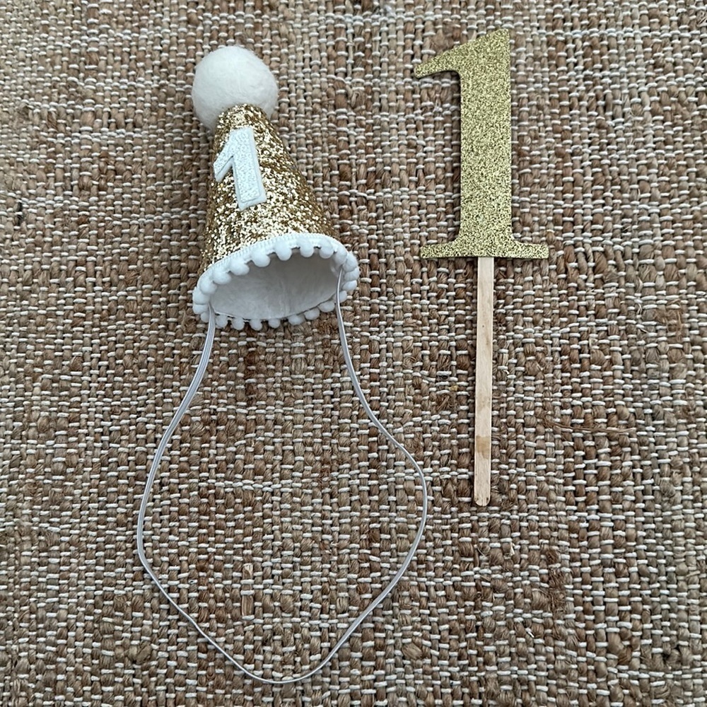 First Birthday Party Bundle Gold Sparkle Hat and Cake Topper